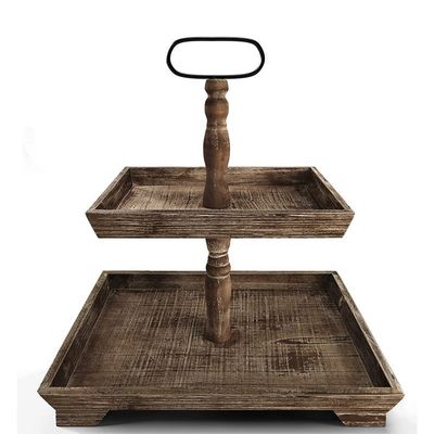 Aanpassing Boerderij Houten 2 Tier Tray Stand voor het serveren van voedsel Fruit Cupcakes Square Tier in Restaurant Home Cake