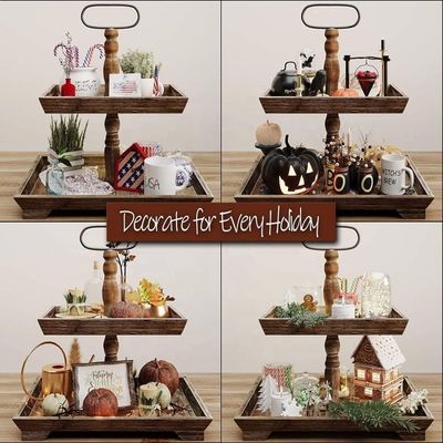 Aanpassing Boerderij Houten 2 Tier Tray Stand voor het serveren van voedsel Fruit Cupcakes Square Tier in Restaurant Home Cake