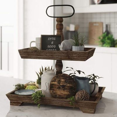 Aanpassing Boerderij Houten 2 Tier Tray Stand voor het serveren van voedsel Fruit Cupcakes Square Tier in Restaurant Home Cake