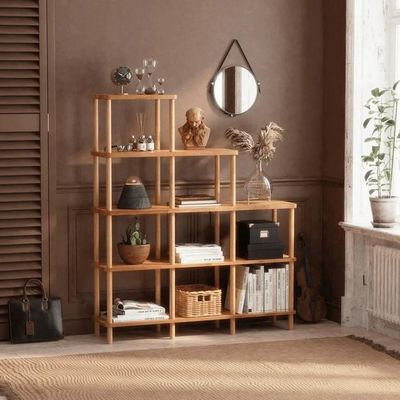 Woonkamer Boekenplank van massief hout Boekenplank van beuk hout Minimalistisch houten boekenplank met opvouwbare planken