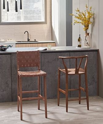 Ash Wood Frame Nordic Bistro Barstoelen met zadel leer geweven stoelen