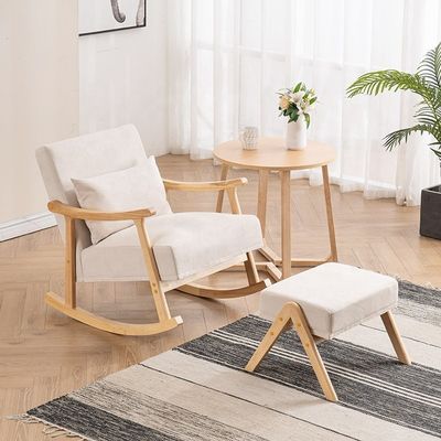 Solid houten frame comfortabele stoel van stoffen lui single sofa schommelstoel voor woonkamer