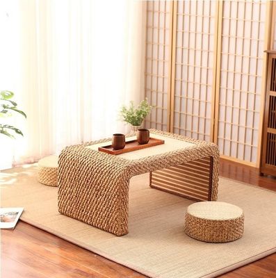 Home Meubelen Modern Design Stijl eind Natuurlijk Houten Frame Straw Woven Artistieke Japanse Stijl Koffietafel voor woonkamer