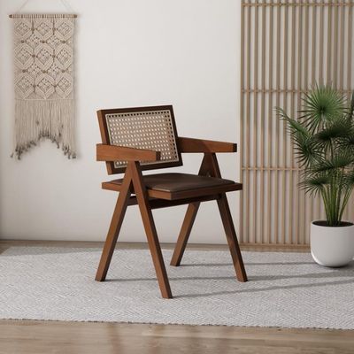 PU/Fabric Foam Seat Solid Wood Rattan Armrest Eetstoel met gepoleerde rietstoel en GEEN opgevouwen ontwerp