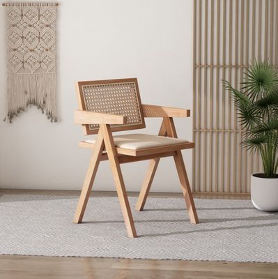 PU/Fabric Foam Seat Solid Wood Rattan Armrest Eetstoel met gepoleerde rietstoel en GEEN opgevouwen ontwerp