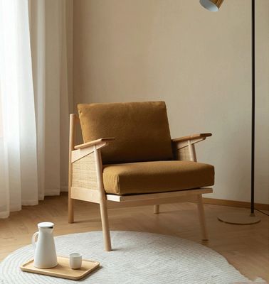 Home Meubelen Algemeen Nordic Lounge Houten bank stoel met Down Feather Cushion Natuurlijk geweven rattan massief houten stoel