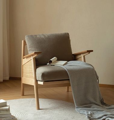 Home Meubelen Algemeen Nordic Lounge Houten bank stoel met Down Feather Cushion Natuurlijk geweven rattan massief houten stoel