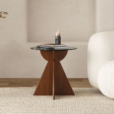 Massief hout ronde zijkant glas boventafel koffietafel voor woonkamerontwerp Algemeen huishoudelijk meubilair gelakt afwerking
