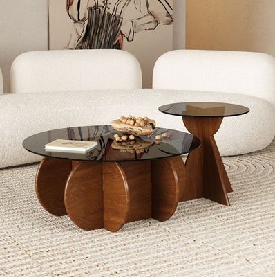 Massief hout ronde zijkant glas boventafel koffietafel voor woonkamerontwerp Algemeen huishoudelijk meubilair gelakt afwerking