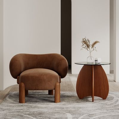Populaire woonkamermeubilair Moderne massief houten lamswol/fluweel eenpersoonsbankstoel met walnootbenen en licht luxe design