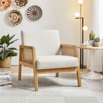 Moderne woonkamer Luxe fauteuil Meubelen Houten bank Stoel met Luxe Stof Fluweel en Rattan in populaire natuurkleur