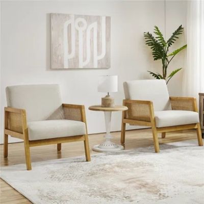 Moderne woonkamer Luxe fauteuil Meubelen Houten bank Stoel met Luxe Stof Fluweel en Rattan in populaire natuurkleur