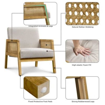 Moderne woonkamer Luxe fauteuil Meubelen Houten bank Stoel met Luxe Stof Fluweel en Rattan in populaire natuurkleur