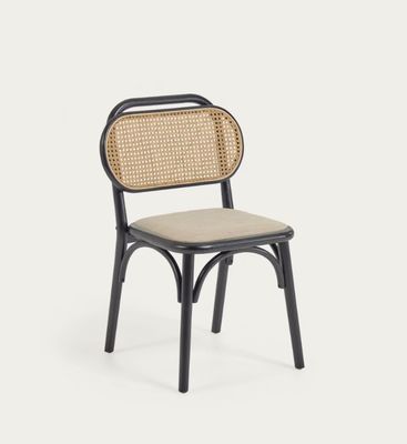 Vintage eetstoel in natuurlijk hout met stoel van stof en rugleuning van echt rotan W47*D51*H82.5CM