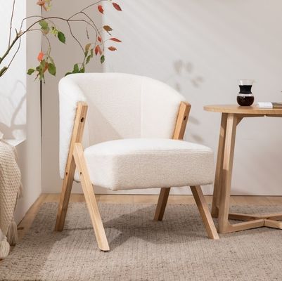 W60*D68*H77CM Moderne woonkamermeubilair Lounge stoel KD Houten bank stoel Lamwol stof Wit Upholatered Accent stoel