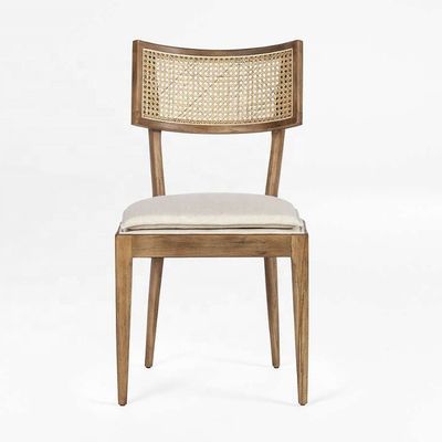 Moderne restaurantmeubilair ontwerp Rattan Back Houten eetstoel met stoffen bekleding