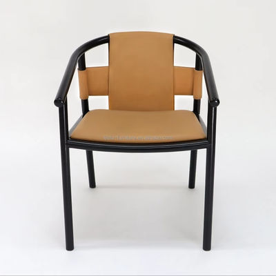 Specific Eetstoel Solid Wood Frame Leisure Lounge Accent Armstoelen met bruin zadelleer