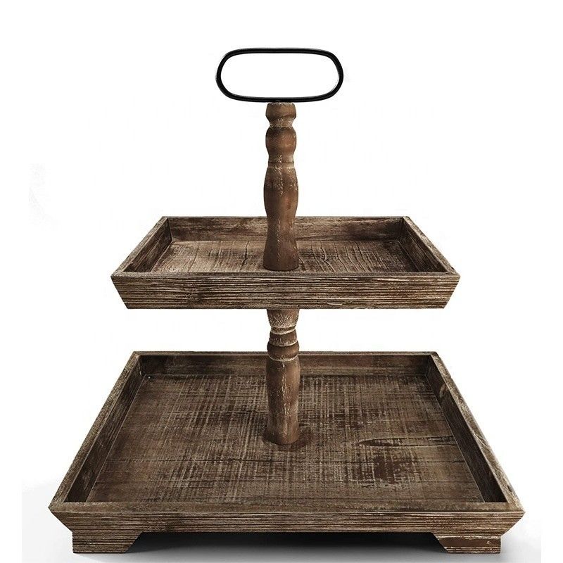 Aanpassing Boerderij Houten 2 Tier Tray Stand voor het serveren van voedsel Fruit Cupcakes Square Tier in Restaurant Home Cake