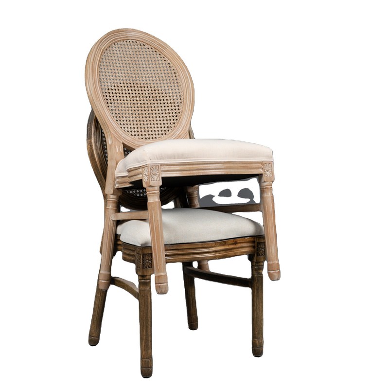 French Vintage Style Wood Dining Fabric Wood Stackable Wedding Wooden Chair with Nitrolacquer Finish Stevig en Duurzaam