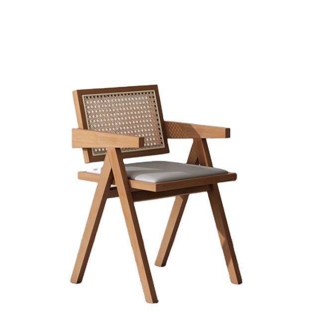 PU/Fabric Foam Seat Solid Wood Rattan Armrest Eetstoel met gepoleerde rietstoel en GEEN opgevouwen ontwerp