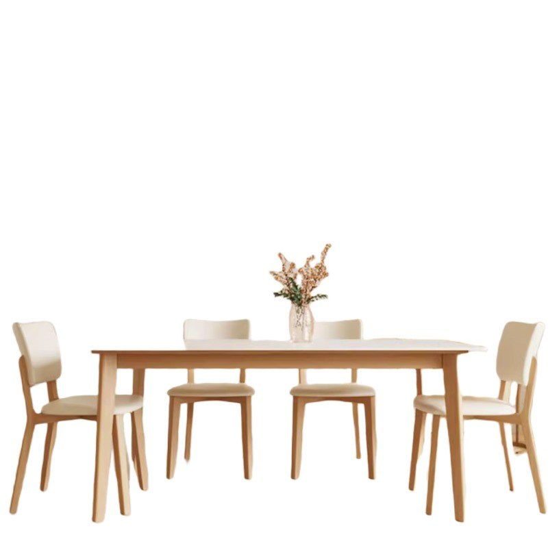 Moderne Nordic Design Eettafel van massief hout met zwarte/witte PU lederen stoelen en Nordic stijl