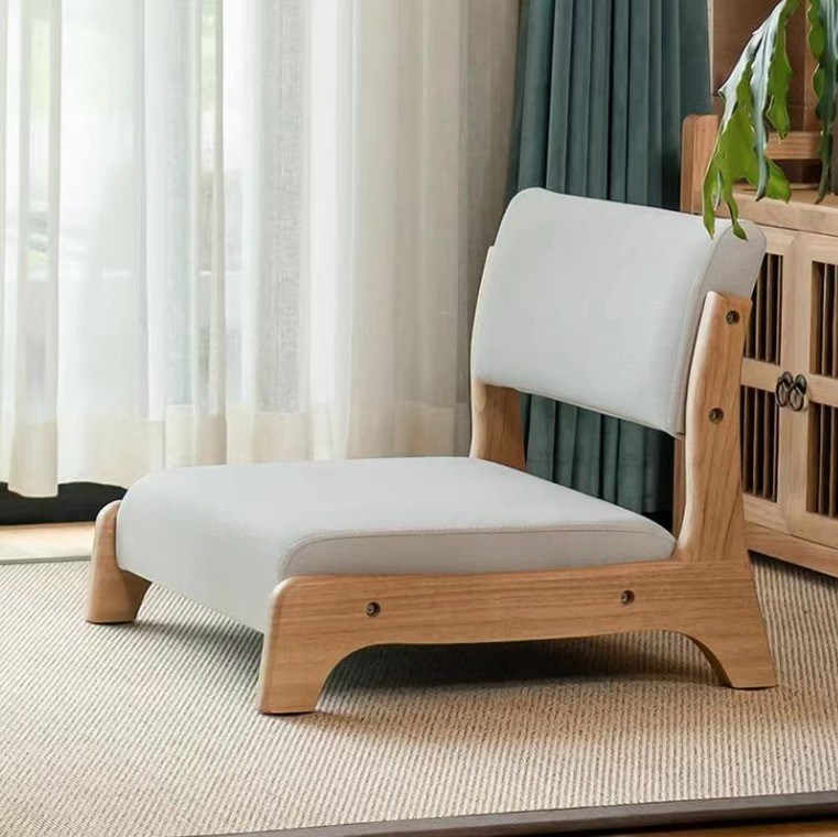 Postverpakking Japanse stijl Tatami Hout Legless Floor Tea Chair Solid Hout met rugsteun